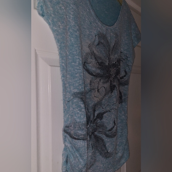 ROBIN'S NEST SS TEAL BLUE SCOOPNECK FLORAL BLOUSE MEDIUM - Picture 2 of 8